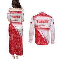 Turkey National Flag and Pattern Design Couples Matching Puletasi and Long Sleeve Button Shirt with Red Brush Stroke Effect