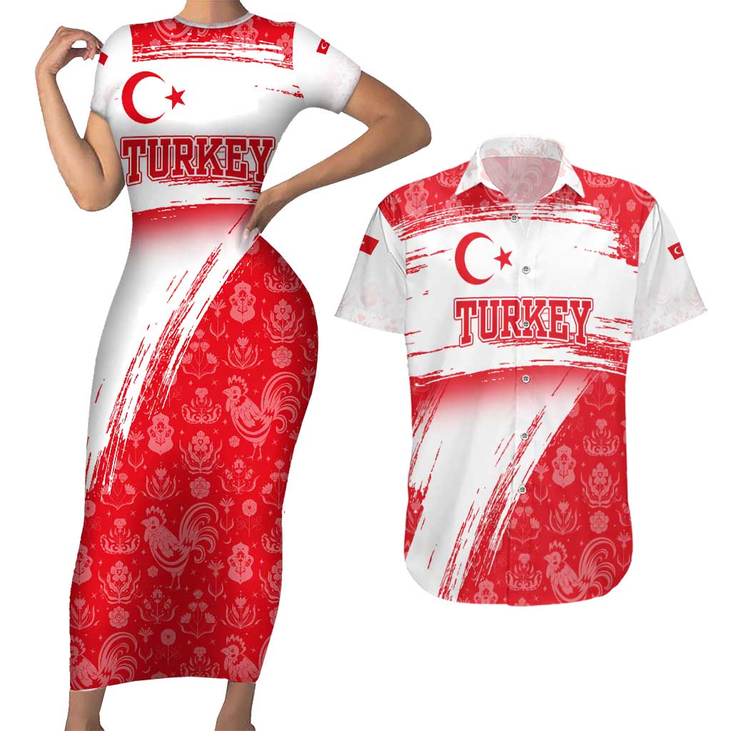 Turkey National Flag and Pattern Design Couples Matching Short Sleeve Bodycon Dress and Hawaiian Shirt with Red Brush Stroke Effect