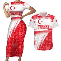 Turkey National Flag and Pattern Design Couples Matching Short Sleeve Bodycon Dress and Hawaiian Shirt with Red Brush Stroke Effect