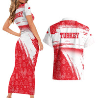 Turkey National Flag and Pattern Design Couples Matching Short Sleeve Bodycon Dress and Hawaiian Shirt with Red Brush Stroke Effect