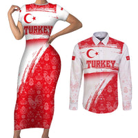Turkey National Flag and Pattern Design Couples Matching Short Sleeve Bodycon Dress and Long Sleeve Button Shirt with Red Brush Stroke Effect