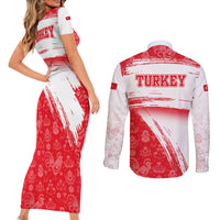 Turkey National Flag and Pattern Design Couples Matching Short Sleeve Bodycon Dress and Long Sleeve Button Shirt with Red Brush Stroke Effect