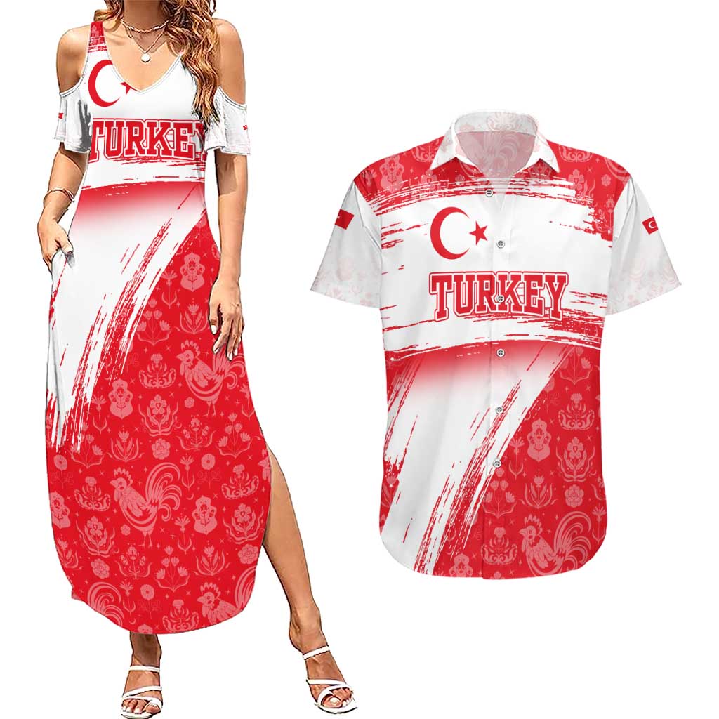 Turkey National Flag and Pattern Design Couples Matching Summer Maxi Dress and Hawaiian Shirt with Red Brush Stroke Effect