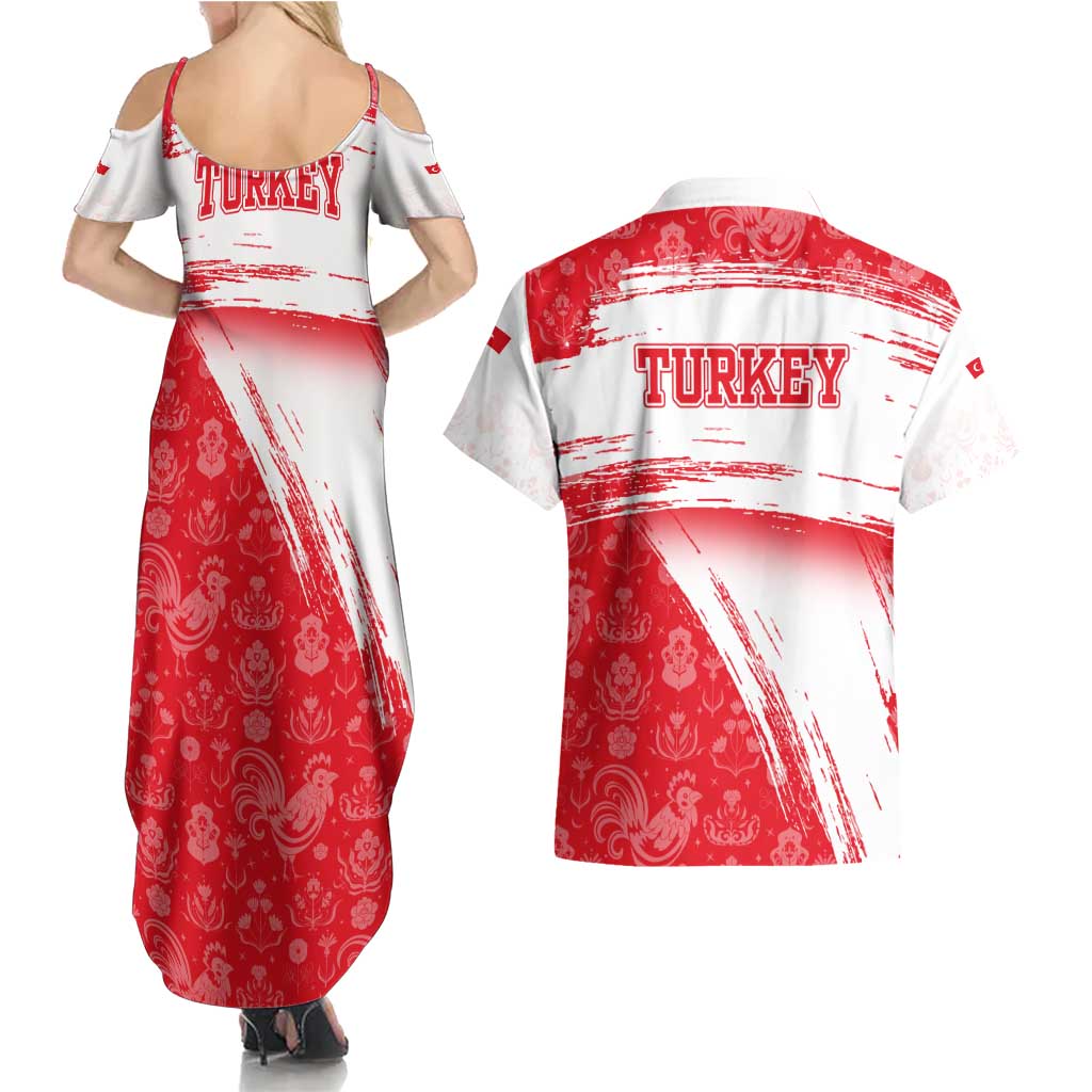 Turkey National Flag and Pattern Design Couples Matching Summer Maxi Dress and Hawaiian Shirt with Red Brush Stroke Effect