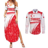 Turkey National Flag and Pattern Design Couples Matching Summer Maxi Dress and Long Sleeve Button Shirt with Red Brush Stroke Effect