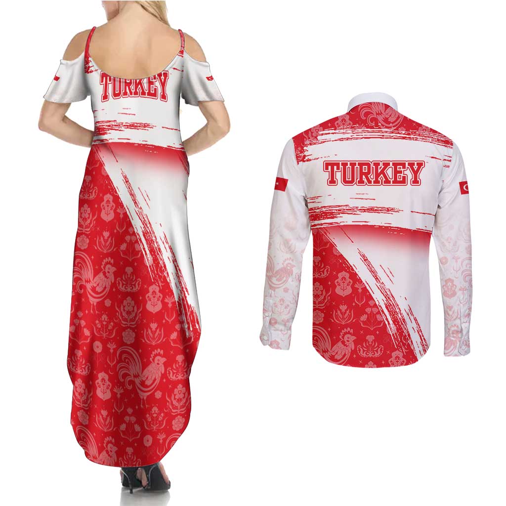 Turkey National Flag and Pattern Design Couples Matching Summer Maxi Dress and Long Sleeve Button Shirt with Red Brush Stroke Effect