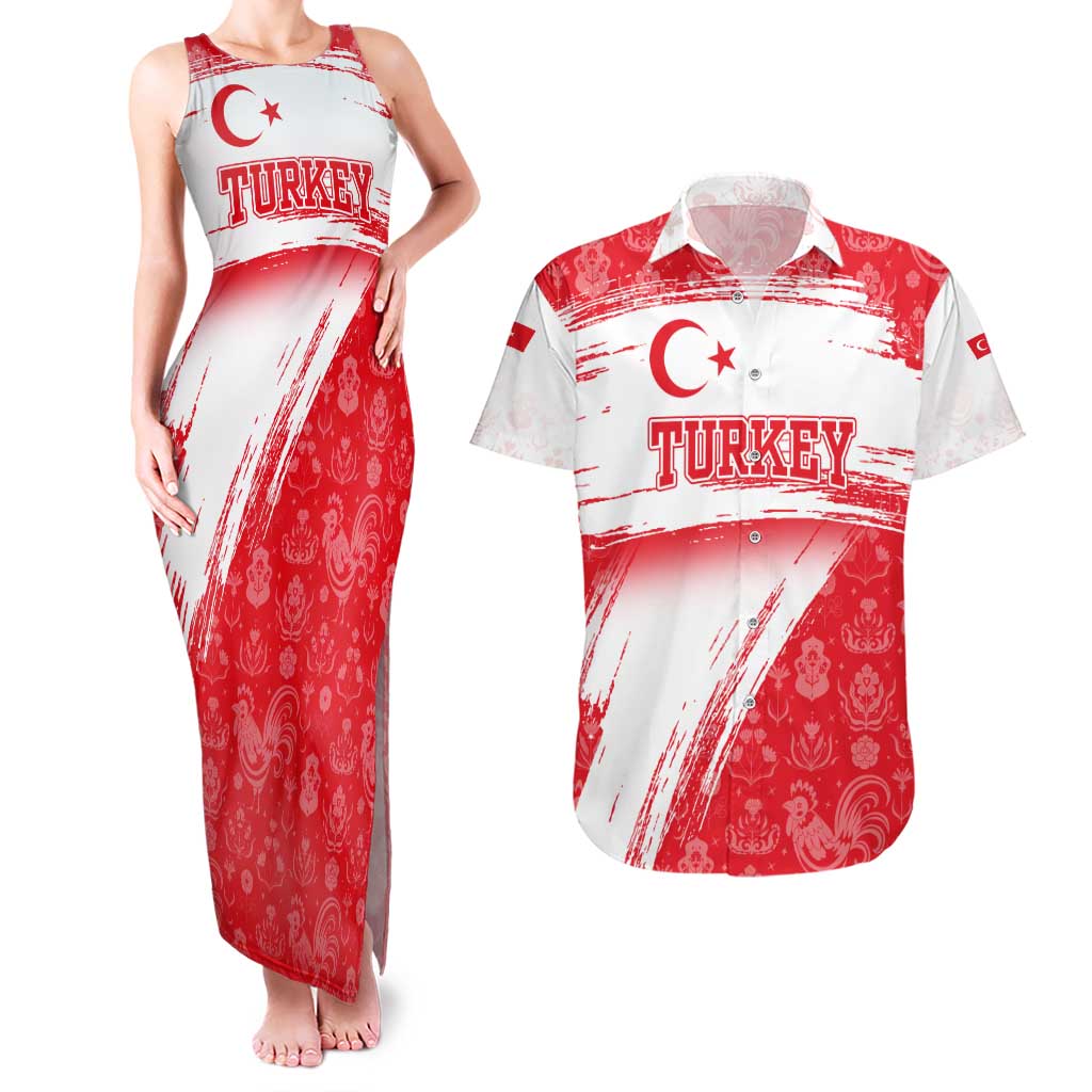 Turkey National Flag and Pattern Design Couples Matching Tank Maxi Dress and Hawaiian Shirt with Red Brush Stroke Effect