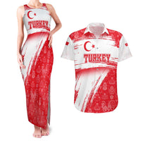 Turkey National Flag and Pattern Design Couples Matching Tank Maxi Dress and Hawaiian Shirt with Red Brush Stroke Effect