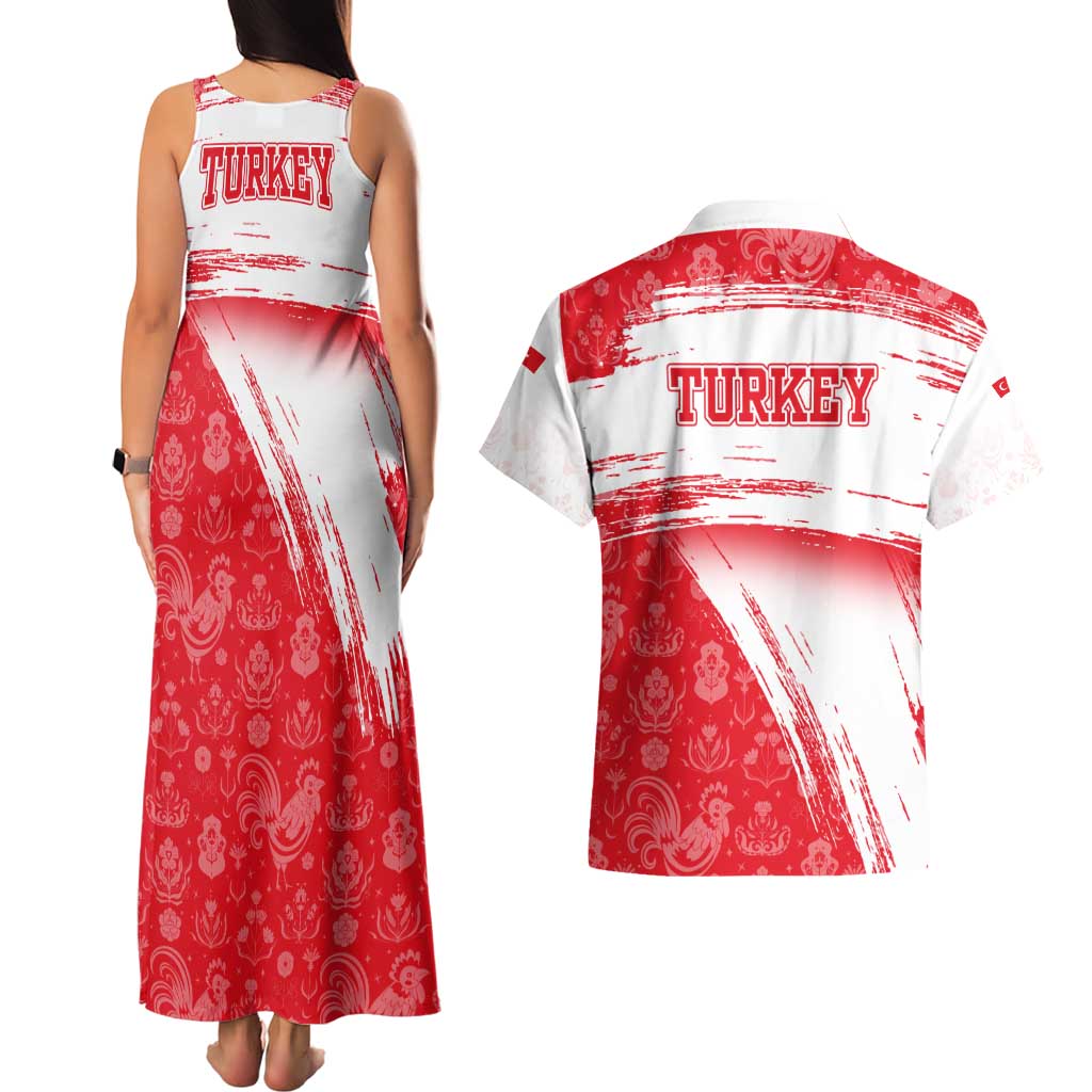 Turkey National Flag and Pattern Design Couples Matching Tank Maxi Dress and Hawaiian Shirt with Red Brush Stroke Effect