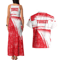 Turkey National Flag and Pattern Design Couples Matching Tank Maxi Dress and Hawaiian Shirt with Red Brush Stroke Effect