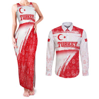 Turkey National Flag and Pattern Design Couples Matching Tank Maxi Dress and Long Sleeve Button Shirt with Red Brush Stroke Effect
