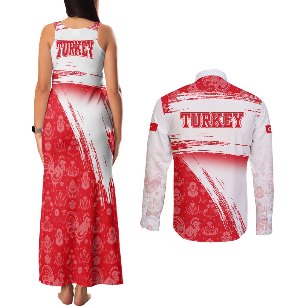 Turkey National Flag and Pattern Design Couples Matching Tank Maxi Dress and Long Sleeve Button Shirt with Red Brush Stroke Effect