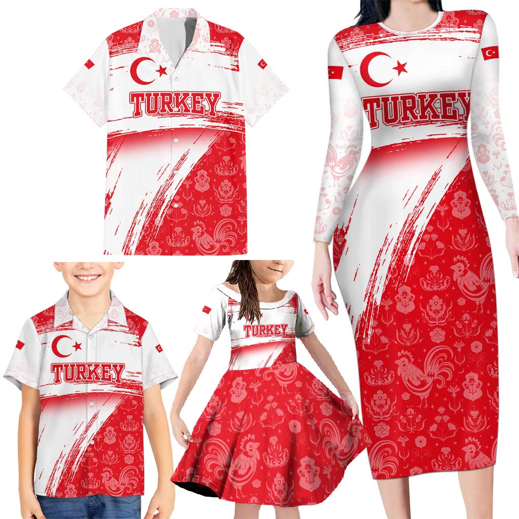Turkey National Flag and Pattern Design Family Matching Long Sleeve Bodycon Dress and Hawaiian Shirt with Red Brush Stroke Effect