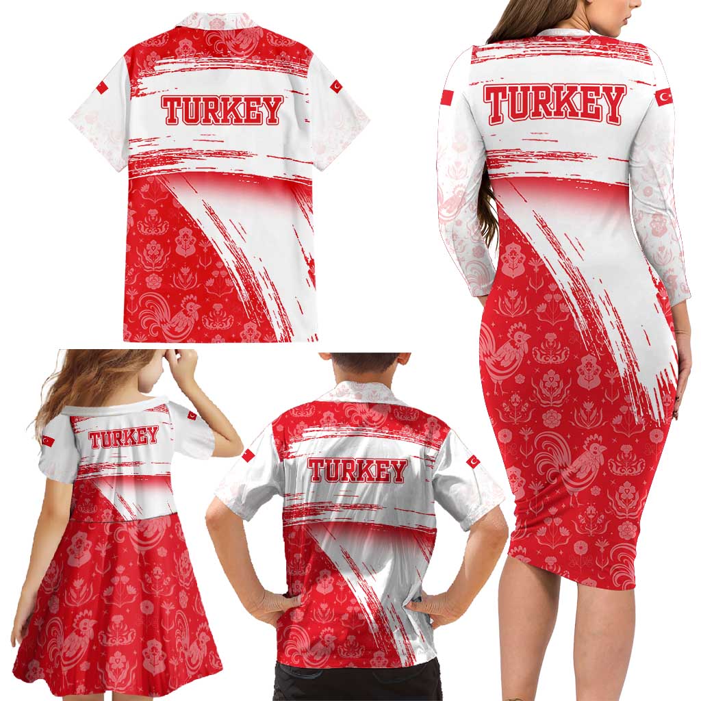 Turkey National Flag and Pattern Design Family Matching Long Sleeve Bodycon Dress and Hawaiian Shirt with Red Brush Stroke Effect