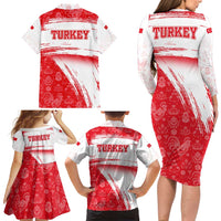 Turkey National Flag and Pattern Design Family Matching Long Sleeve Bodycon Dress and Hawaiian Shirt with Red Brush Stroke Effect