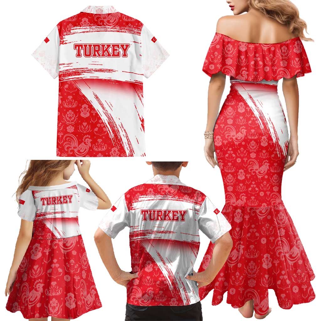 Turkey National Flag and Pattern Design Family Matching Mermaid Dress and Hawaiian Shirt with Red Brush Stroke Effect