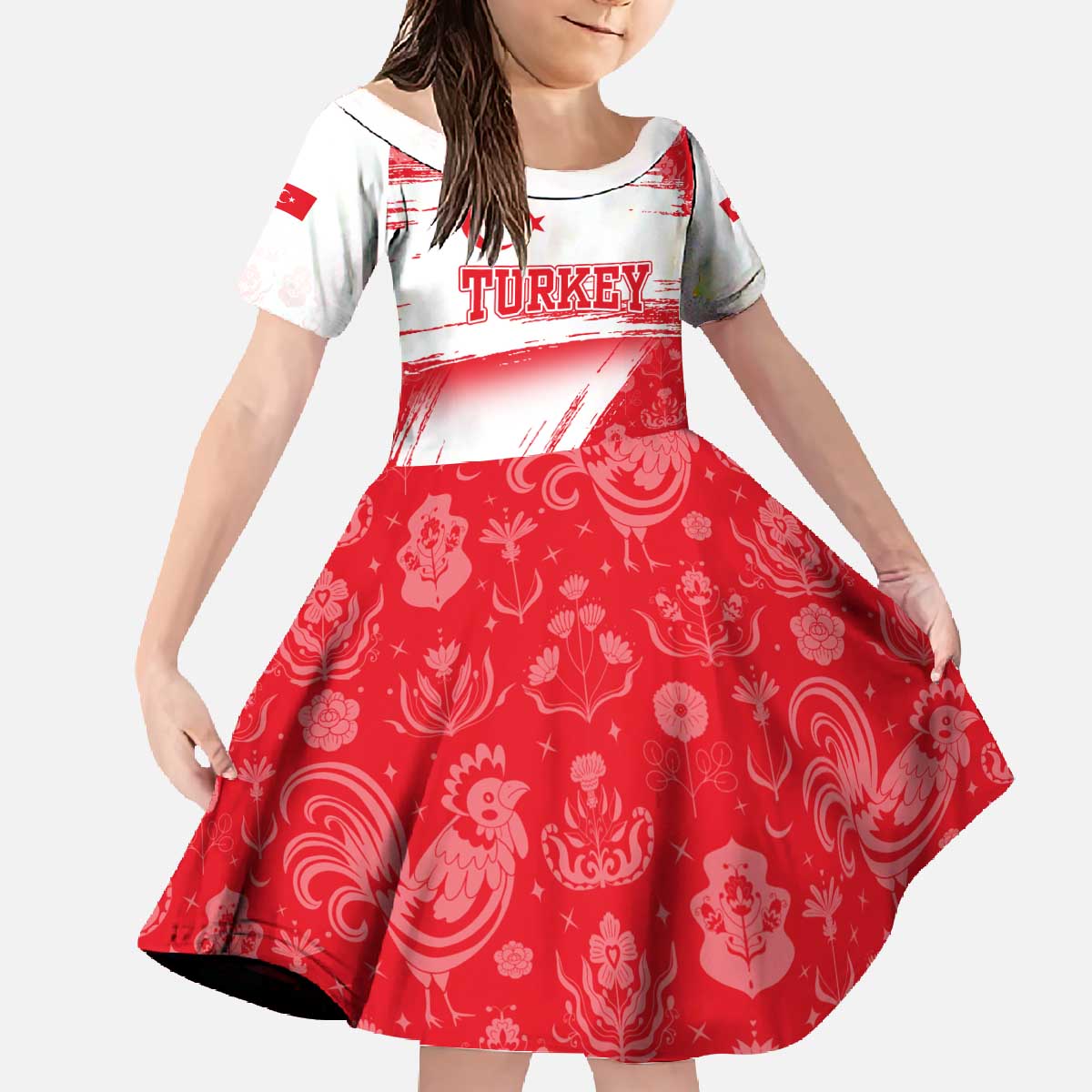 Turkey National Flag and Pattern Design Family Matching Off The Shoulder Long Sleeve Dress and Hawaiian Shirt with Red Brush Stroke Effect