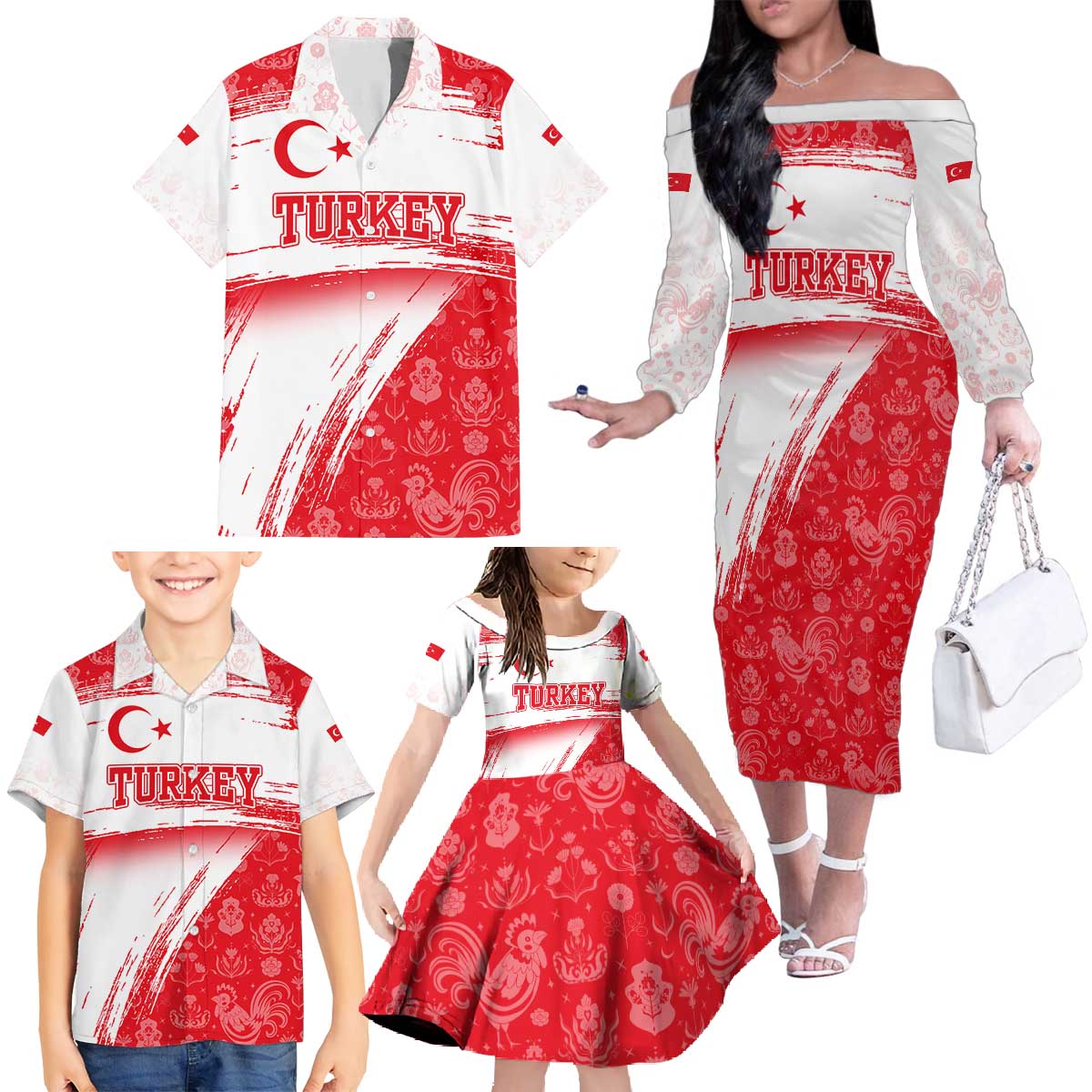 Turkey National Flag and Pattern Design Family Matching Off The Shoulder Long Sleeve Dress and Hawaiian Shirt with Red Brush Stroke Effect