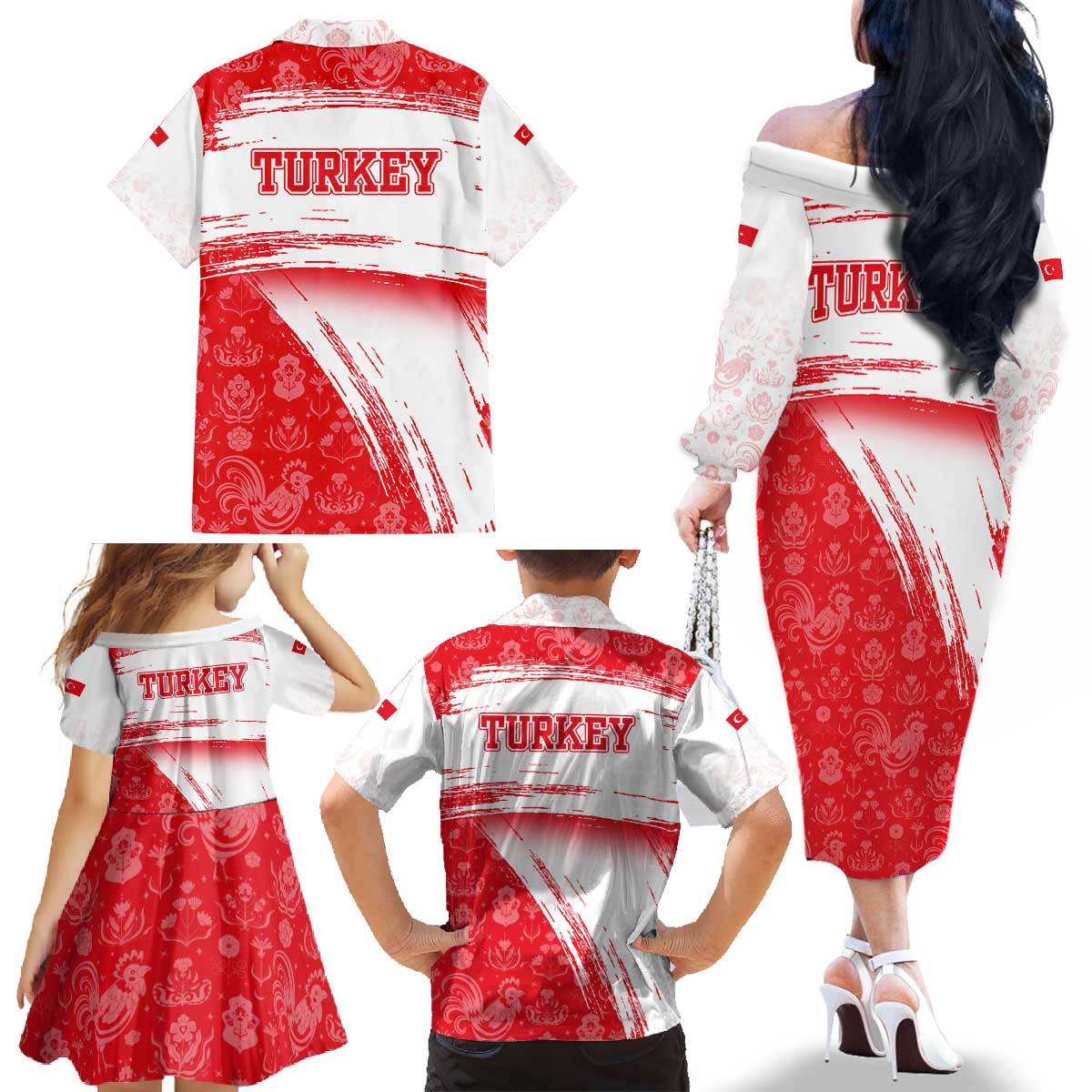 Turkey National Flag and Pattern Design Family Matching Off The Shoulder Long Sleeve Dress and Hawaiian Shirt with Red Brush Stroke Effect