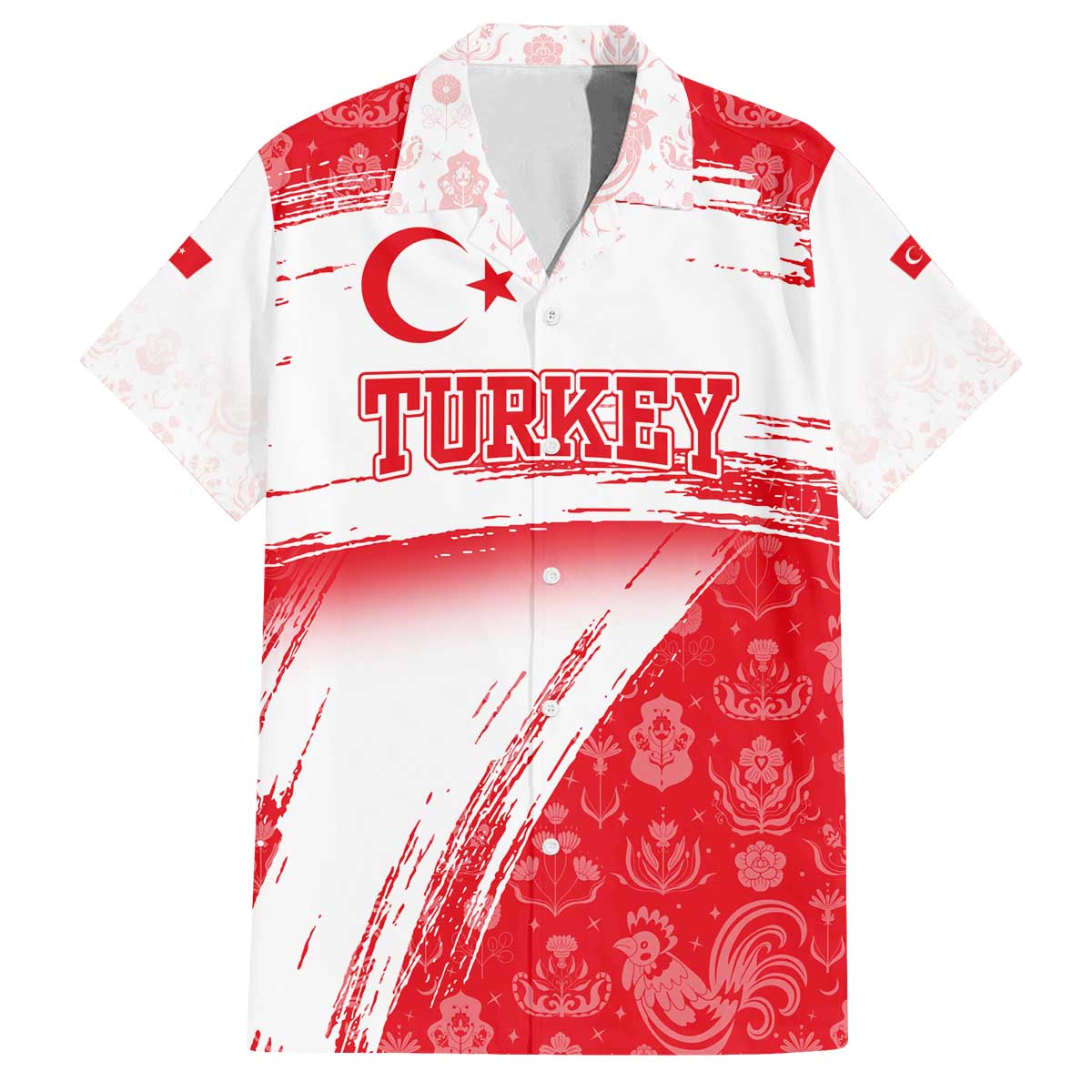 Turkey National Flag and Pattern Design Family Matching Off The Shoulder Long Sleeve Dress and Hawaiian Shirt with Red Brush Stroke Effect