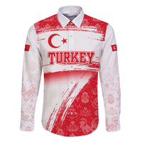 Turkey National Flag and Pattern Design Family Matching Off The Shoulder Long Sleeve Dress and Hawaiian Shirt with Red Brush Stroke Effect