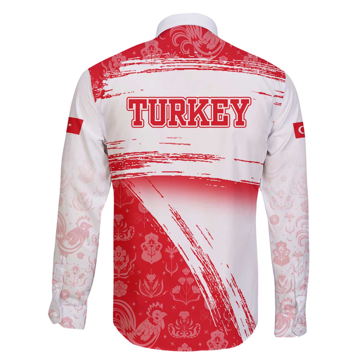 Turkey National Flag and Pattern Design Family Matching Off The Shoulder Long Sleeve Dress and Hawaiian Shirt with Red Brush Stroke Effect
