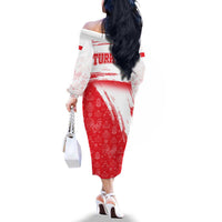 Turkey National Flag and Pattern Design Family Matching Off The Shoulder Long Sleeve Dress and Hawaiian Shirt with Red Brush Stroke Effect