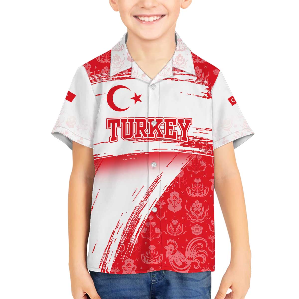 Turkey National Flag and Pattern Design Family Matching Off The Shoulder Long Sleeve Dress and Hawaiian Shirt with Red Brush Stroke Effect
