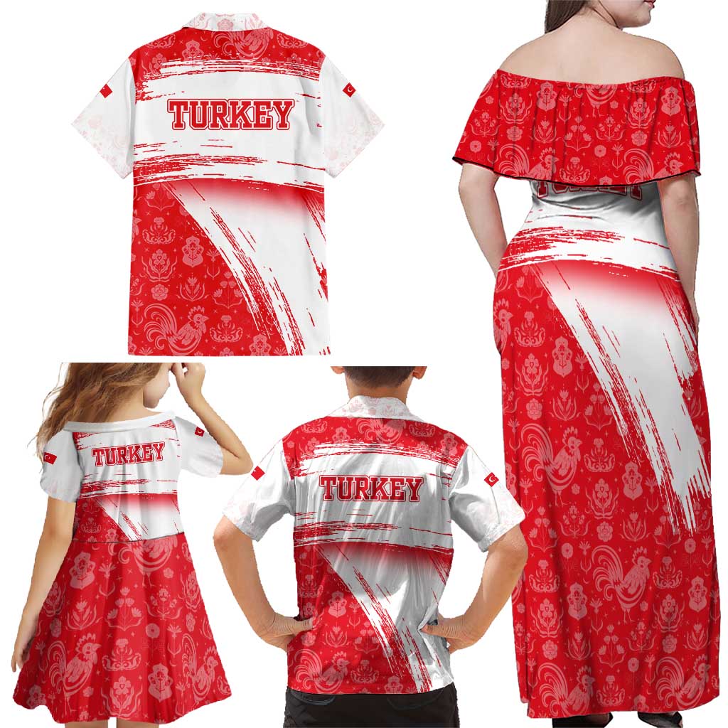 Turkey National Flag and Pattern Design Family Matching Off Shoulder Maxi Dress and Hawaiian Shirt with Red Brush Stroke Effect