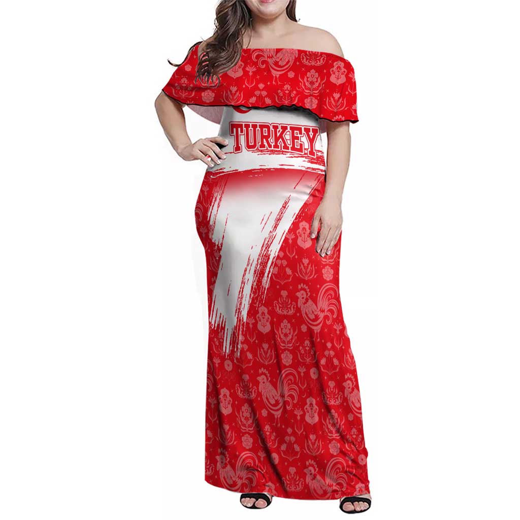 Turkey National Flag and Pattern Design Family Matching Off Shoulder Maxi Dress and Hawaiian Shirt with Red Brush Stroke Effect