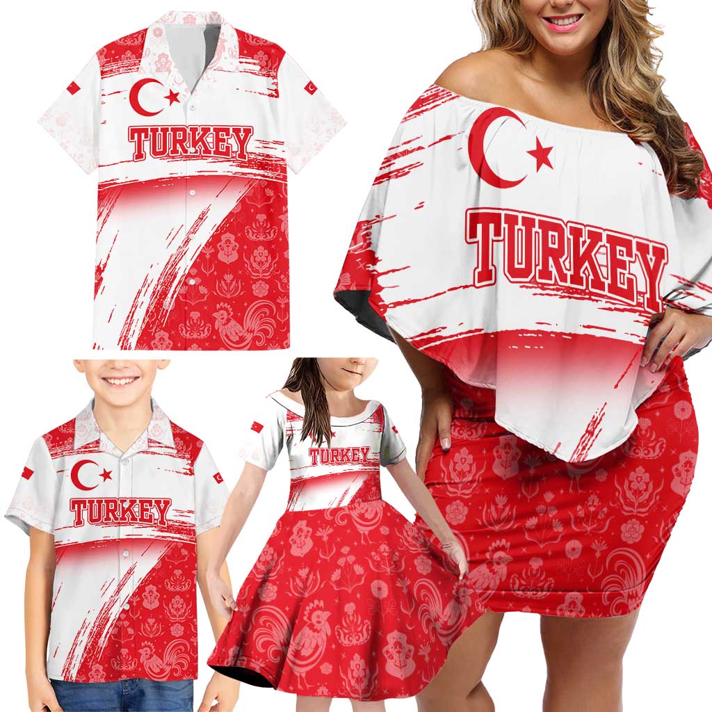 Turkey National Flag and Pattern Design Family Matching Off Shoulder Short Dress and Hawaiian Shirt with Red Brush Stroke Effect