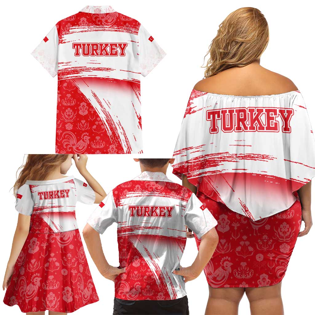 Turkey National Flag and Pattern Design Family Matching Off Shoulder Short Dress and Hawaiian Shirt with Red Brush Stroke Effect