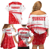 Turkey National Flag and Pattern Design Family Matching Off Shoulder Short Dress and Hawaiian Shirt with Red Brush Stroke Effect