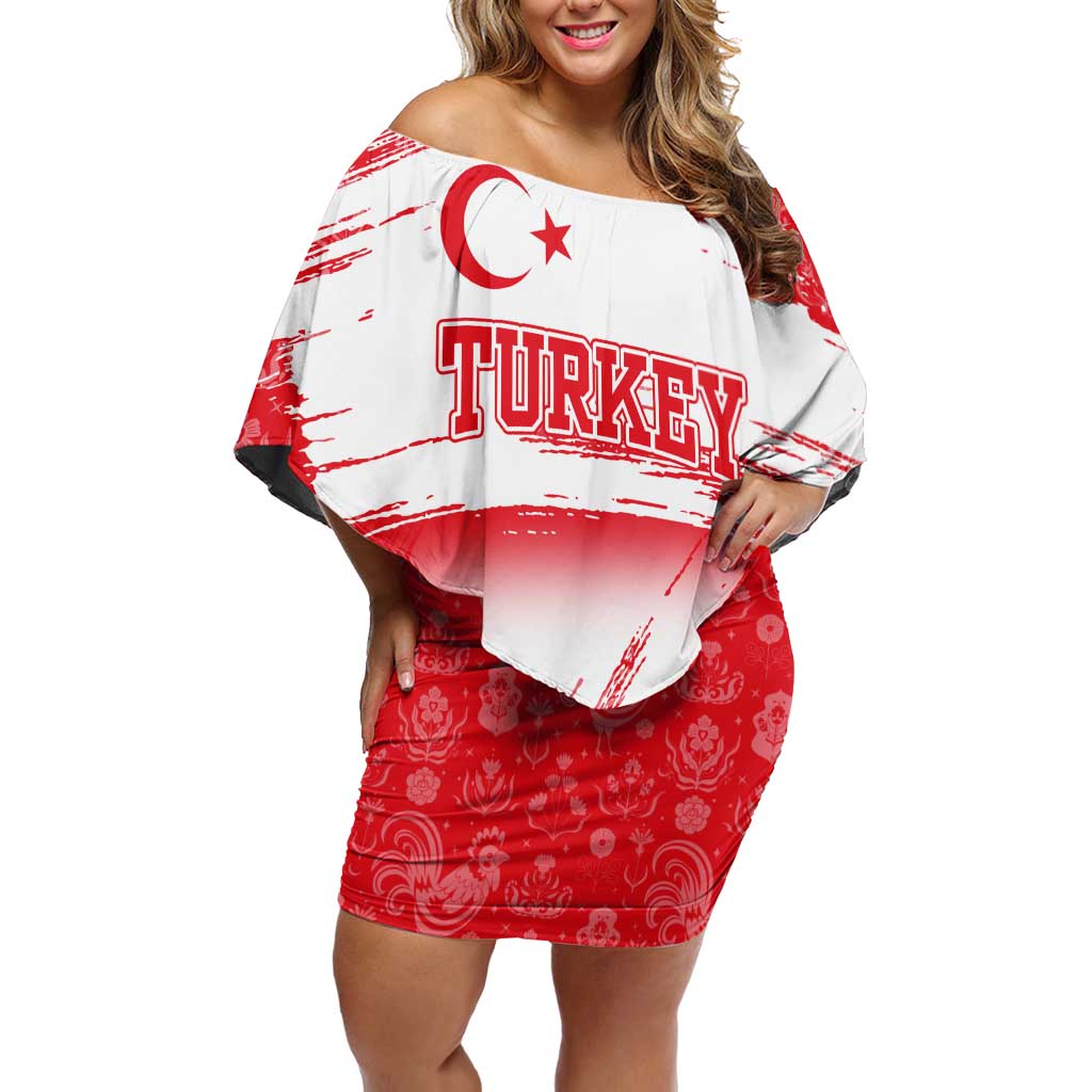 Turkey National Flag and Pattern Design Family Matching Off Shoulder Short Dress and Hawaiian Shirt with Red Brush Stroke Effect