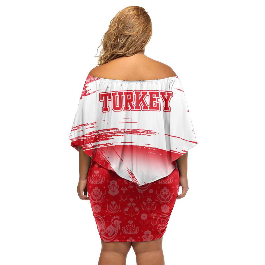 Turkey National Flag and Pattern Design Family Matching Off Shoulder Short Dress and Hawaiian Shirt with Red Brush Stroke Effect