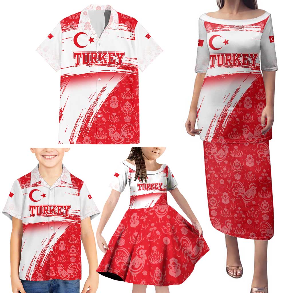 Turkey National Flag and Pattern Design Family Matching Puletasi and Hawaiian Shirt with Red Brush Stroke Effect