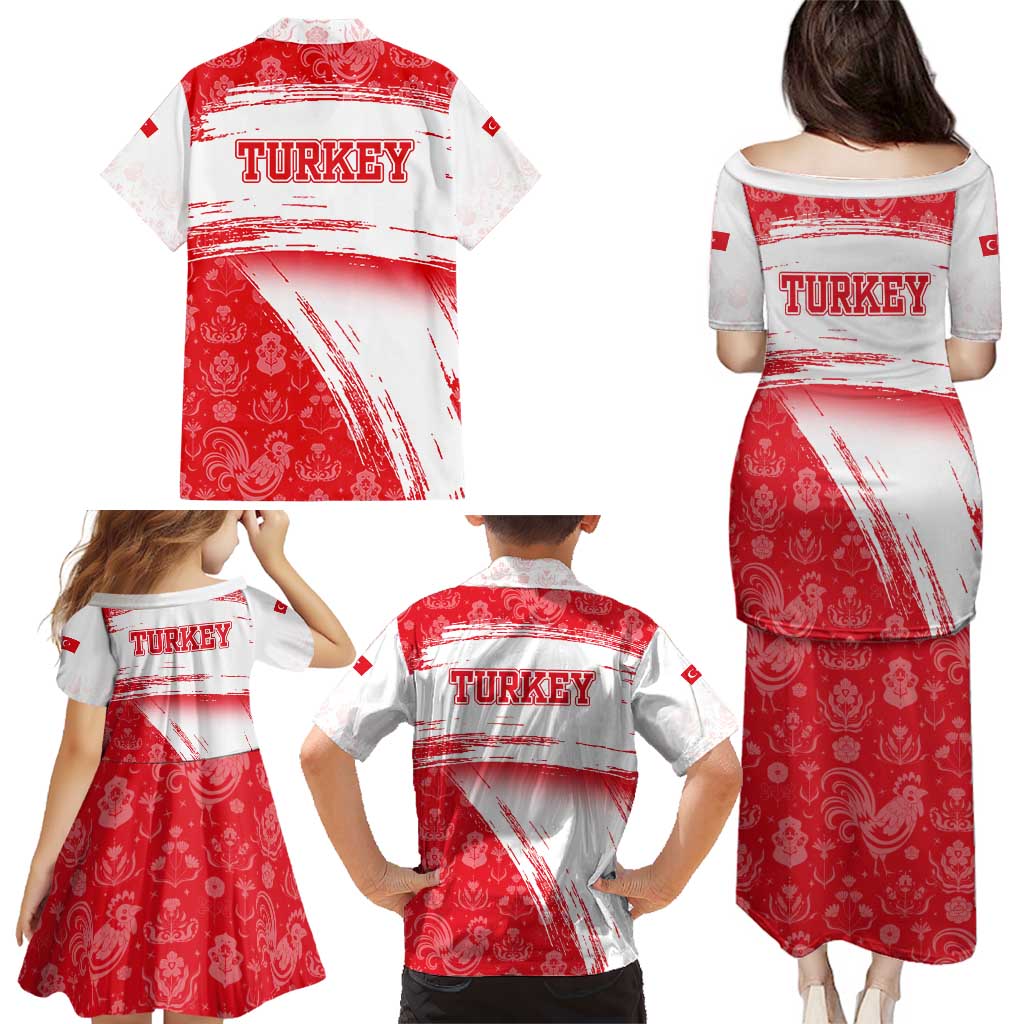Turkey National Flag and Pattern Design Family Matching Puletasi and Hawaiian Shirt with Red Brush Stroke Effect