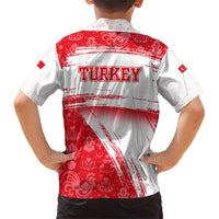 Turkey National Flag and Pattern Design Family Matching Short Sleeve Bodycon Dress and Hawaiian Shirt with Red Brush Stroke Effect
