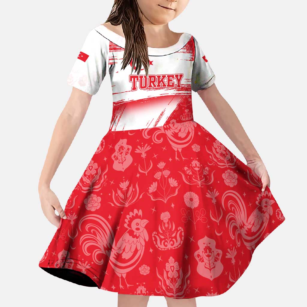 Turkey National Flag and Pattern Design Family Matching Short Sleeve Bodycon Dress and Hawaiian Shirt with Red Brush Stroke Effect