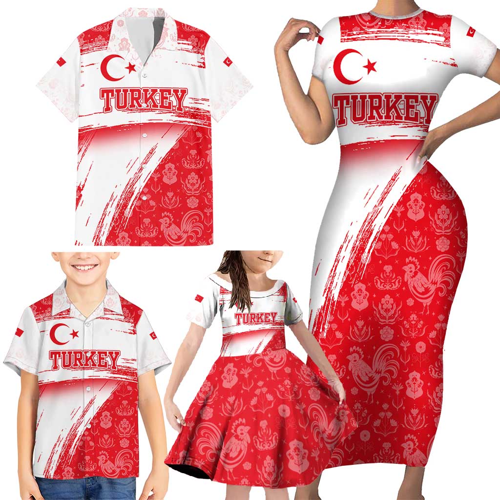 Turkey National Flag and Pattern Design Family Matching Short Sleeve Bodycon Dress and Hawaiian Shirt with Red Brush Stroke Effect