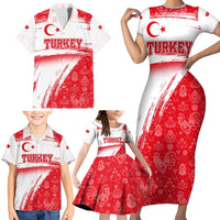 Turkey National Flag and Pattern Design Family Matching Short Sleeve Bodycon Dress and Hawaiian Shirt with Red Brush Stroke Effect