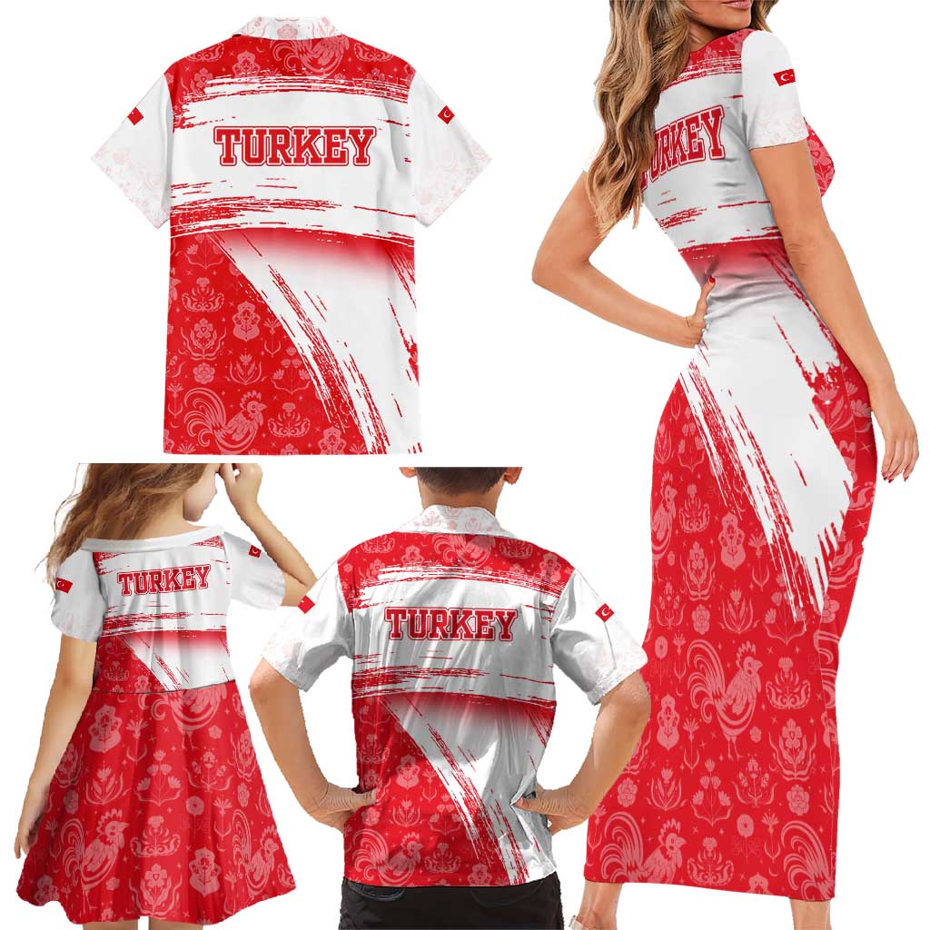 Turkey National Flag and Pattern Design Family Matching Short Sleeve Bodycon Dress and Hawaiian Shirt with Red Brush Stroke Effect