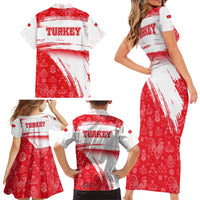 Turkey National Flag and Pattern Design Family Matching Short Sleeve Bodycon Dress and Hawaiian Shirt with Red Brush Stroke Effect