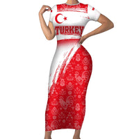 Turkey National Flag and Pattern Design Family Matching Short Sleeve Bodycon Dress and Hawaiian Shirt with Red Brush Stroke Effect