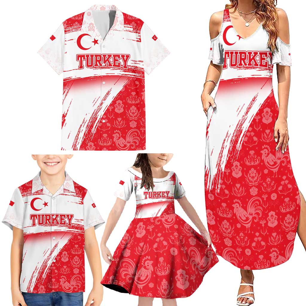 Turkey National Flag and Pattern Design Family Matching Summer Maxi Dress and Hawaiian Shirt with Red Brush Stroke Effect