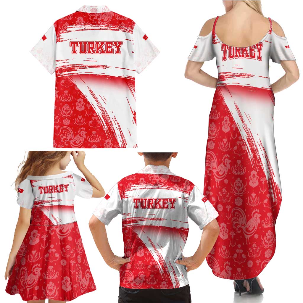 Turkey National Flag and Pattern Design Family Matching Summer Maxi Dress and Hawaiian Shirt with Red Brush Stroke Effect