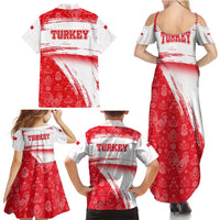 Turkey National Flag and Pattern Design Family Matching Summer Maxi Dress and Hawaiian Shirt with Red Brush Stroke Effect