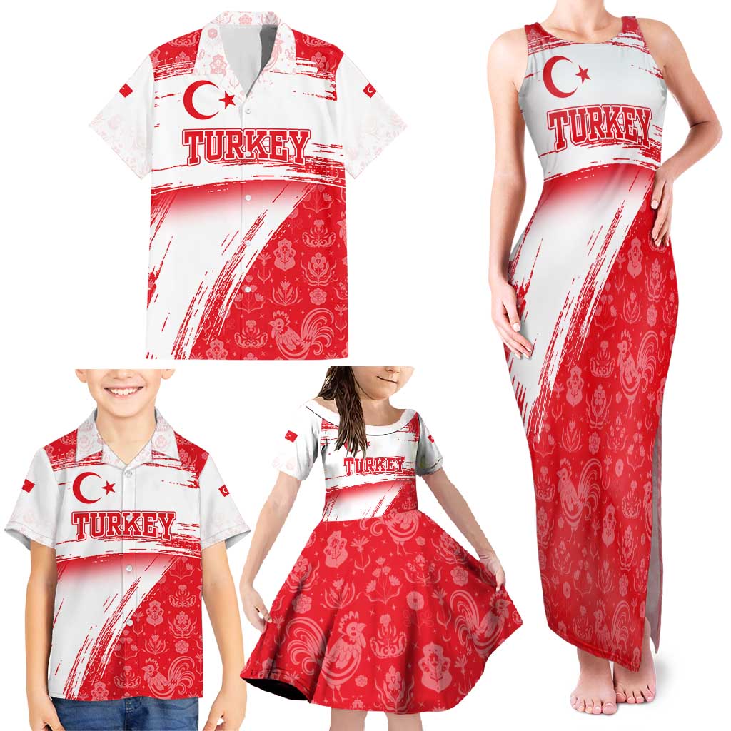 Turkey National Flag and Pattern Design Family Matching Tank Maxi Dress and Hawaiian Shirt with Red Brush Stroke Effect
