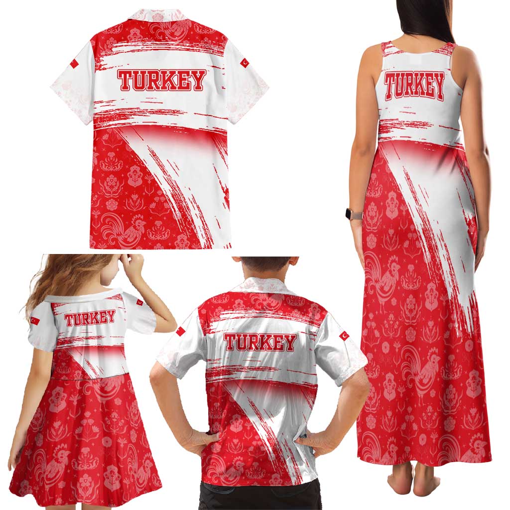 Turkey National Flag and Pattern Design Family Matching Tank Maxi Dress and Hawaiian Shirt with Red Brush Stroke Effect