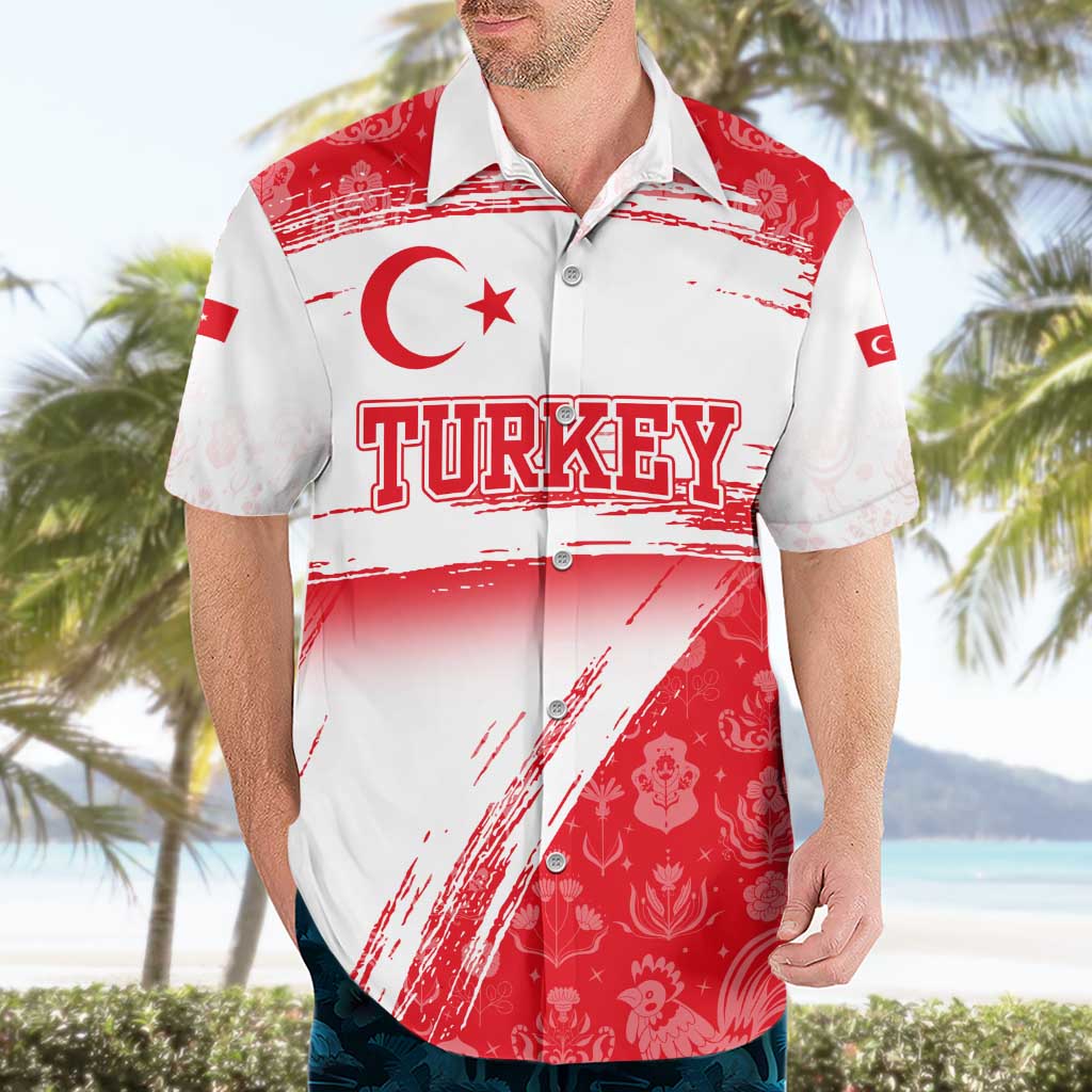 Turkey National Flag and Pattern Design Hawaiian Shirt with Red Brush Stroke Effect